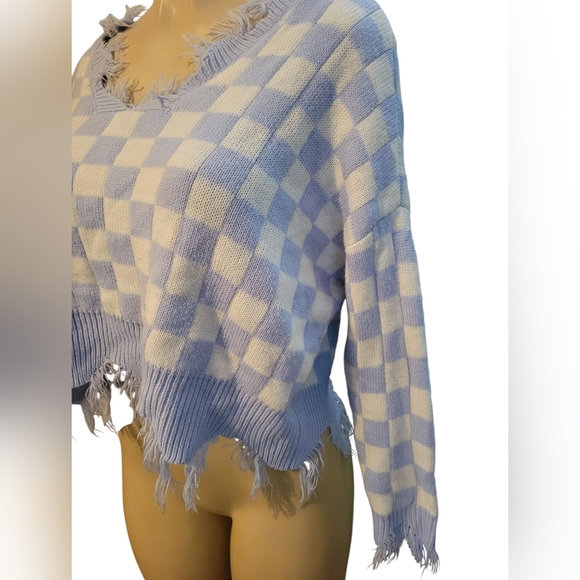 Just Polly Blue and White Checkered Women's Sweater Crop Top Preppy Girly - Picture 3 of 5